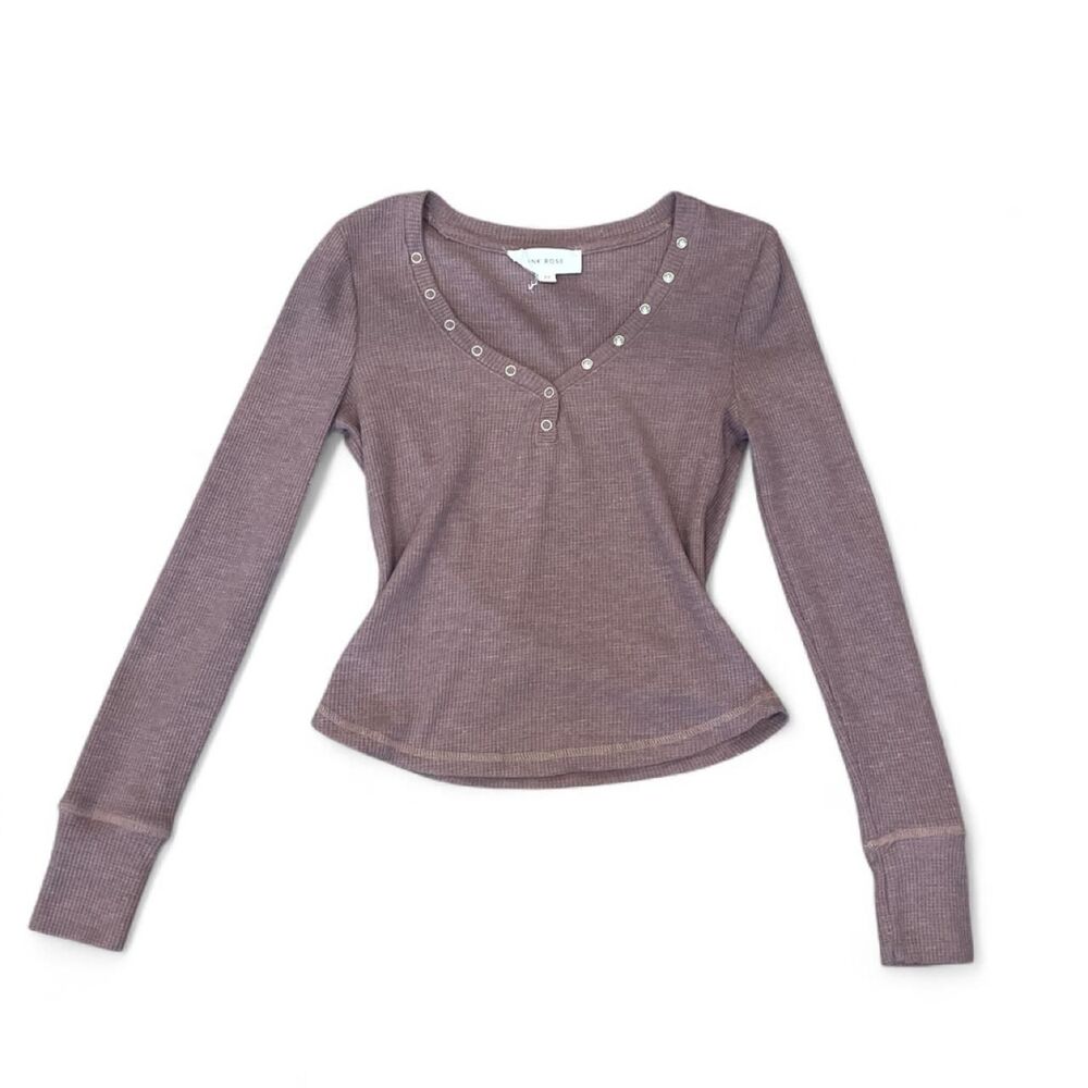 Purple long sleeve top with button detail cute for fall, fitted XS